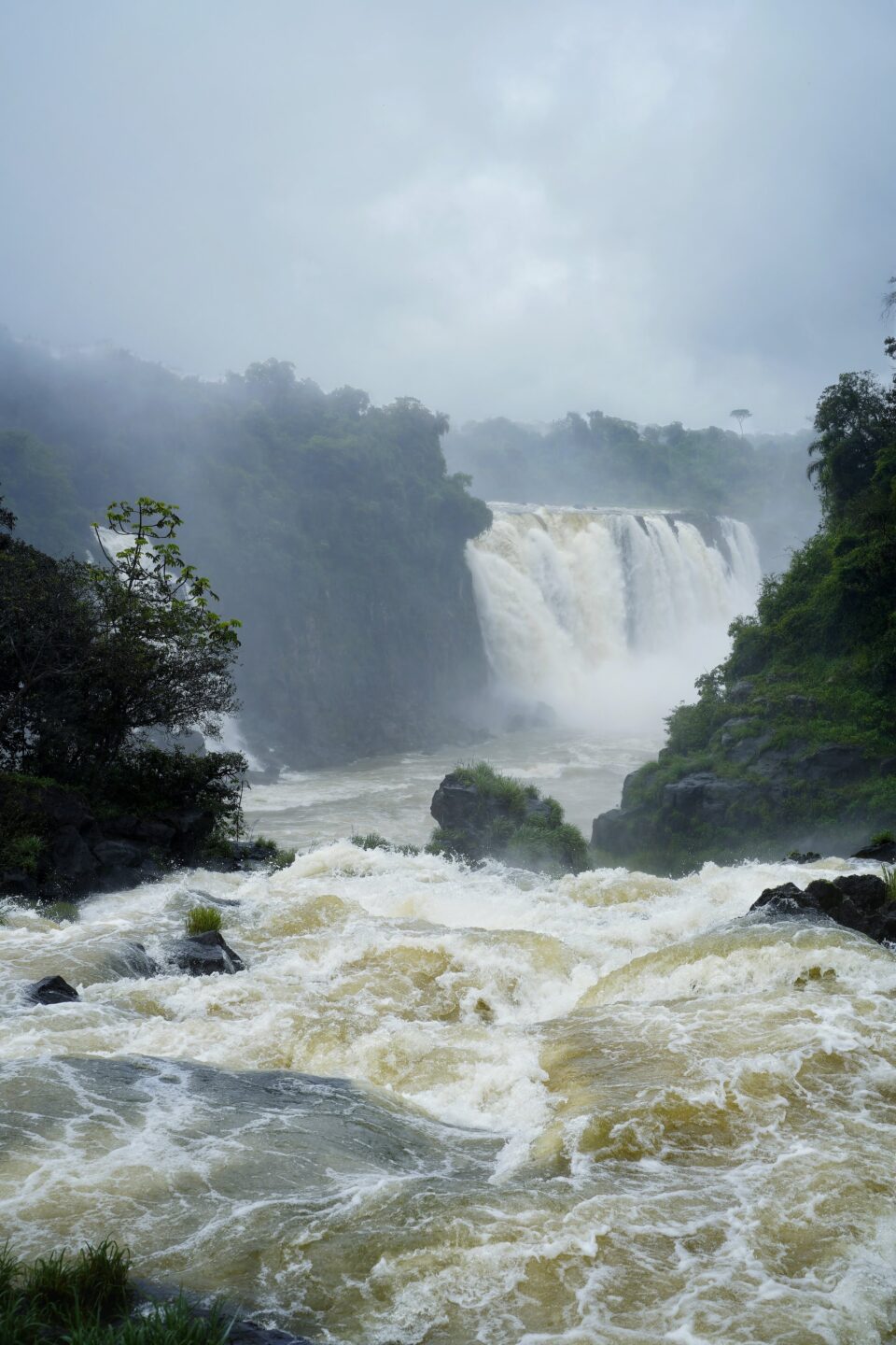 Salto de las cataratas de Iguazú entre la vegetación, con el agua marrón y espumosa de la crecida en primer plano